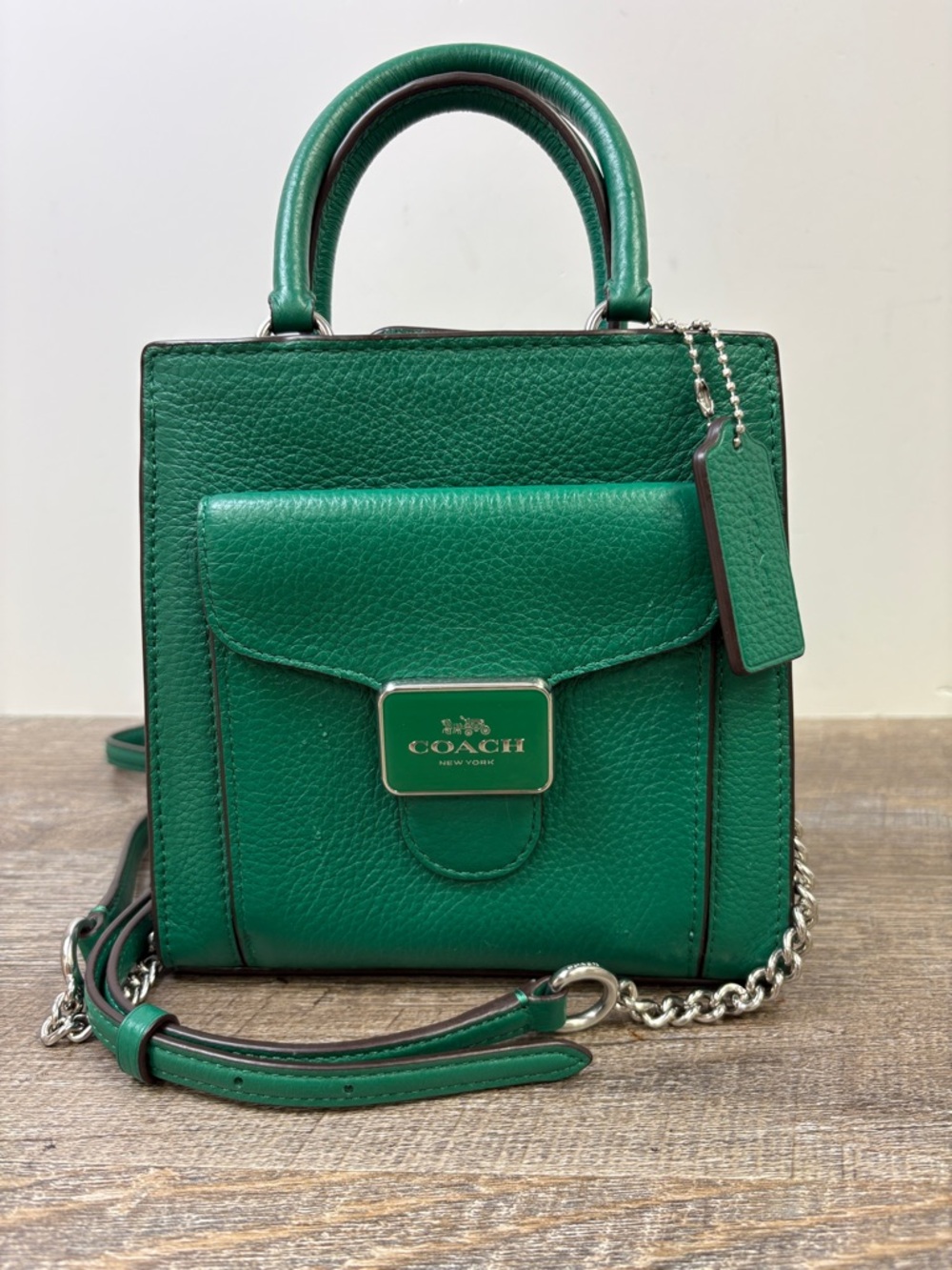 COACH Mini Pepper Emerald Green Pebbled Leather Top Handle Crossbody Satchel